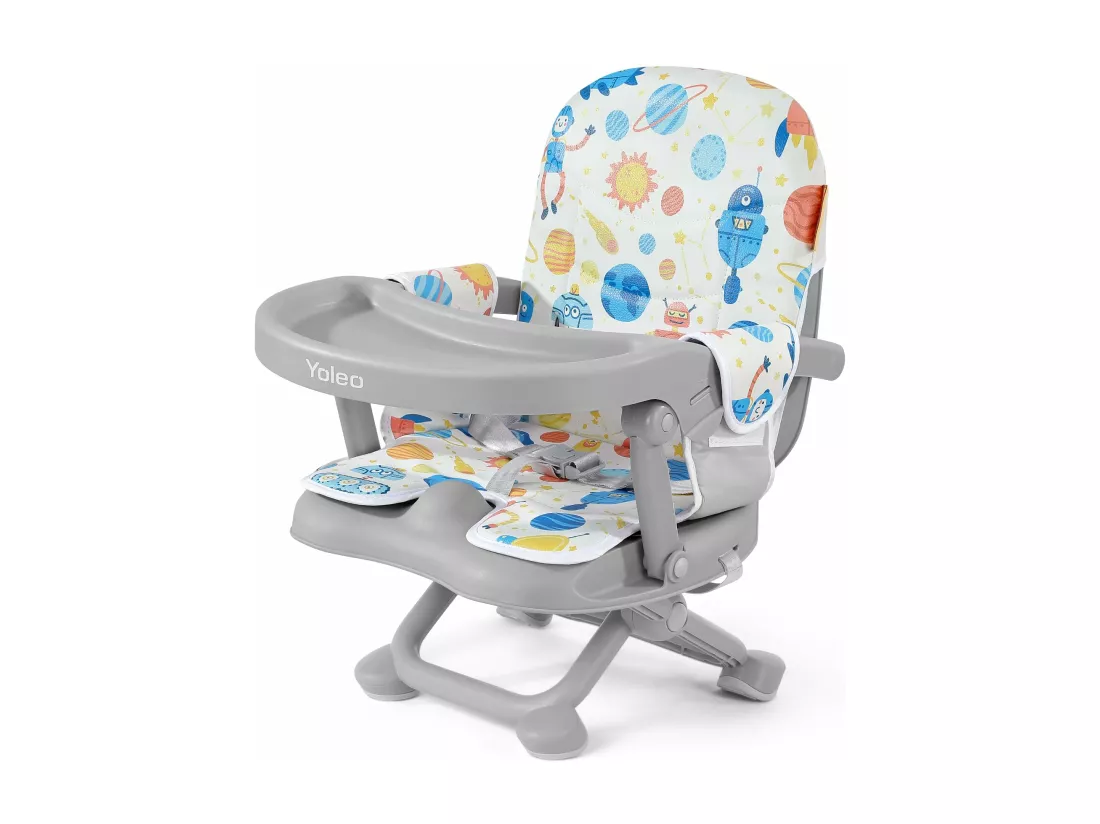 YOLEO Réhausseur Chaise Enfant Pliable,Chaise Haute Bébé Portable,Bébé Chaise repas en Hauteur Réglable,Plateau Amovible,6 mois à 3 ans,Gris avec Coussin Planète