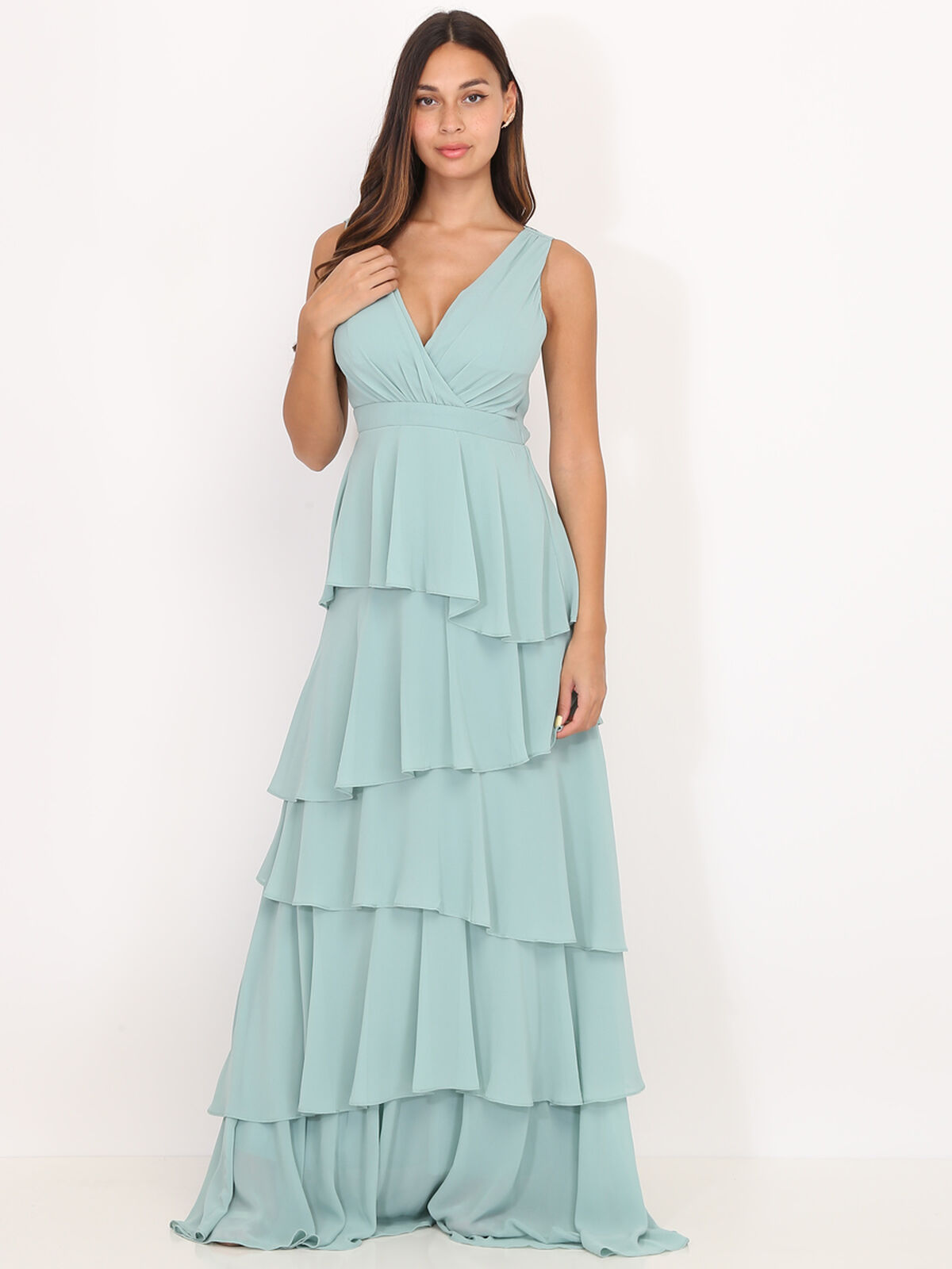 Robe longue à volants- Vert clair