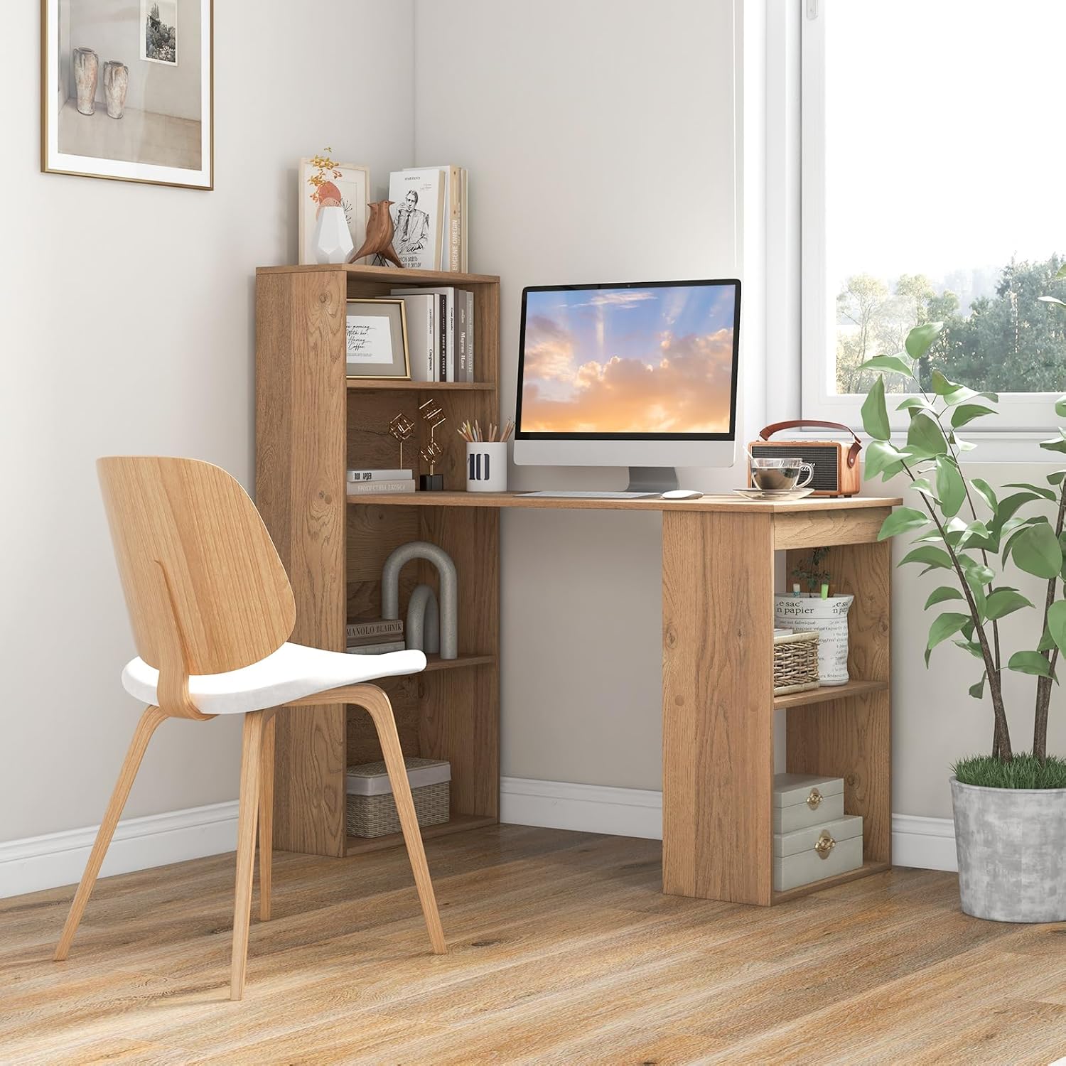 COSTWAY Schreibtisch mit Bücherregal, Computertisch mit 6 Regalen, PC-Tisch mit Regal rechts oder Links, Bürotisch, Arbeitstisch für Zuhause, Büro und Wohnheim, 122 x 56 x 122 cm (Natur)