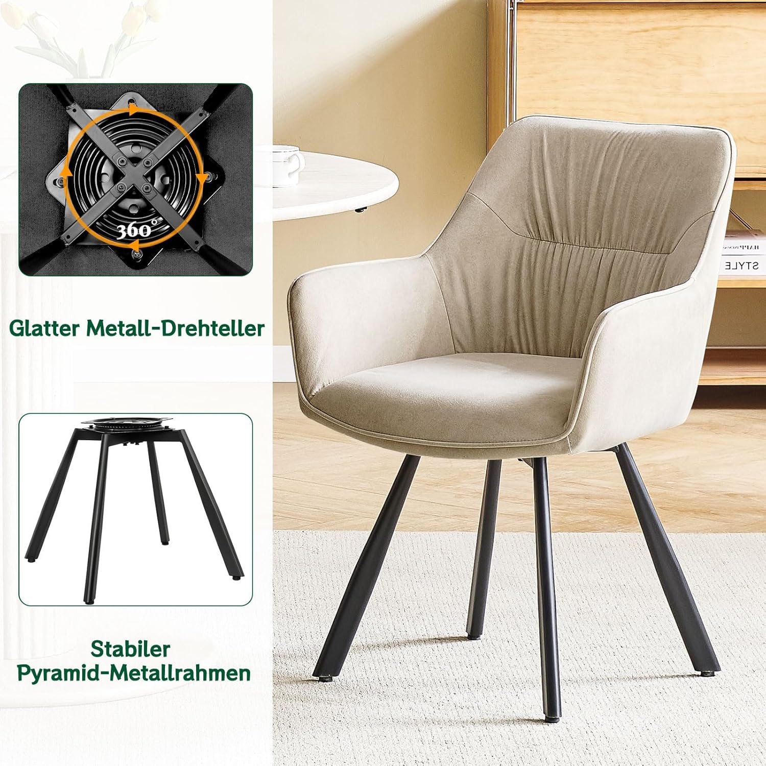 Esszimmerstuhl 4er Set drehbar, Armlehnstuhl drehbar 360°,Moderner Polsterstuhl Stuhl Samt, Stühle für Esszimmer,Küchenstuhl für Wohnzimmer, Arbeitszimmer,Schlafzimmer,Khaki