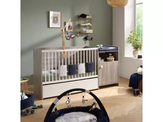 Lit bébé combiné 120x60 évolutif en 90x190 en décor bois avec commode à langer 1 porte