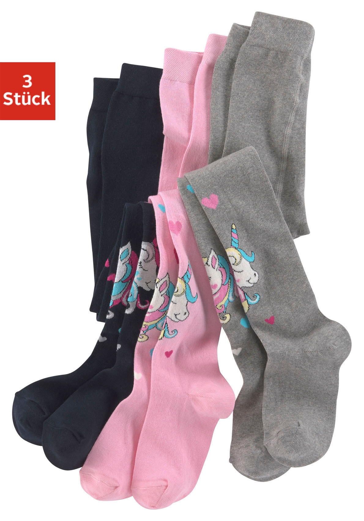 H.I.S Strickstrumpfhose Packung, 3 Stk. tlg. mit eingestrickten Einhorn Motiven