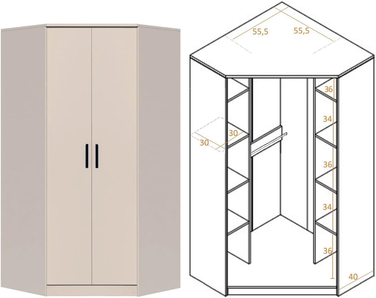 Marmex Kleiderschrank Eckschrank mit Kleiderstangen und Einlegeböden Mehrzweckschrank Schrank Kinderzimmer Schlafzimmer Möbel Flurschrank Grant G8+G15 C 91x235 cm Cashmere