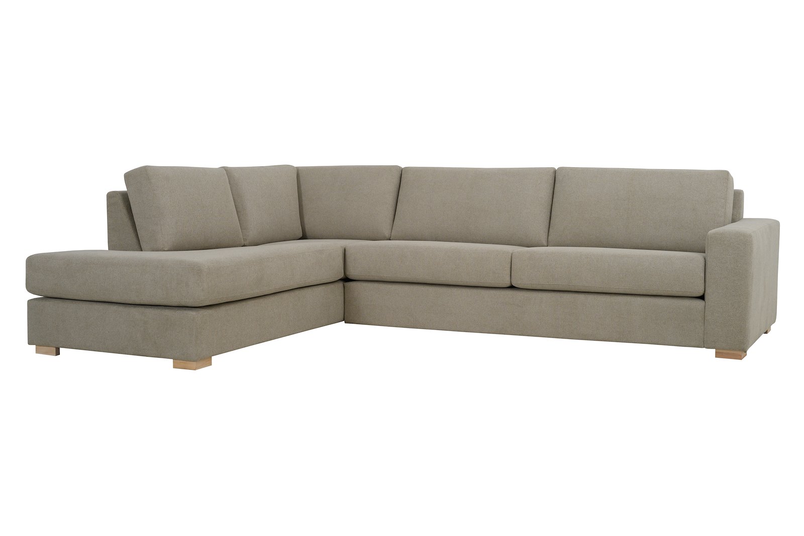 Modern Living hjørnesofa 3-seter med åpen ende venstre i tekstil Brooklyn 9 Cappuccino med arm A og ben 1 hvitvasket eik. Faste puter