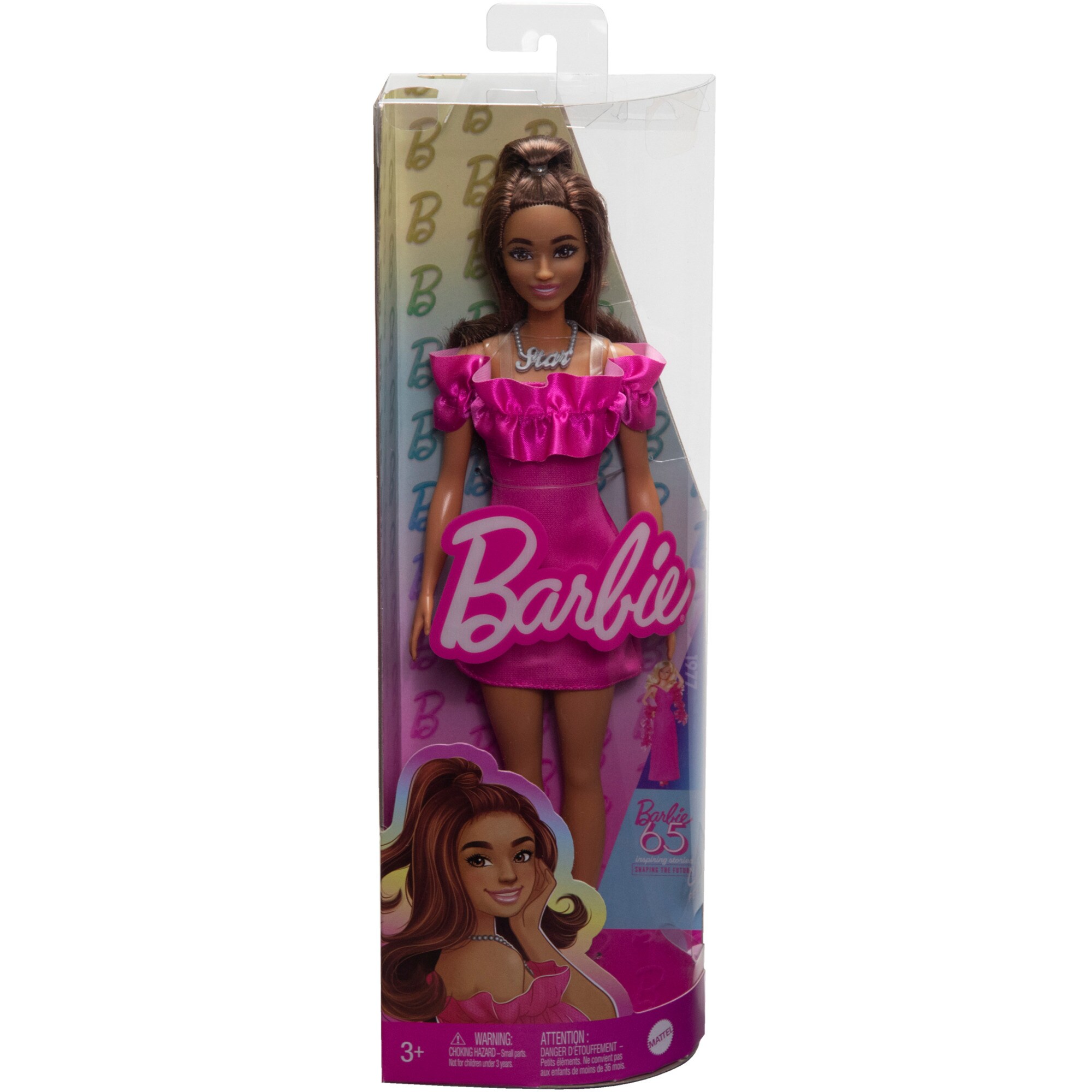 Mattel Puppe Barbie Fashionistas-Puppe mit pinkfarbenem Kleid mit Rüschenausschnitt