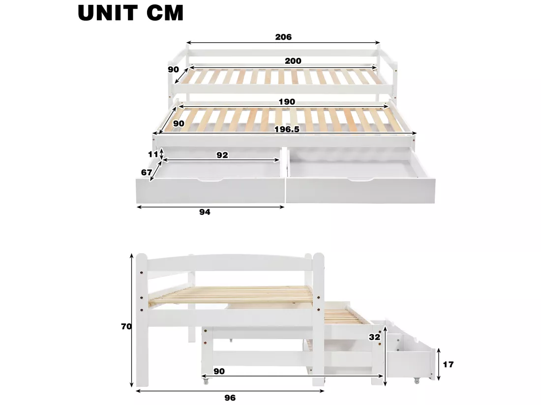 Lit gigogne avec 2 tiroirs - 200x90cm & 190x90cm - bois massif - blanc