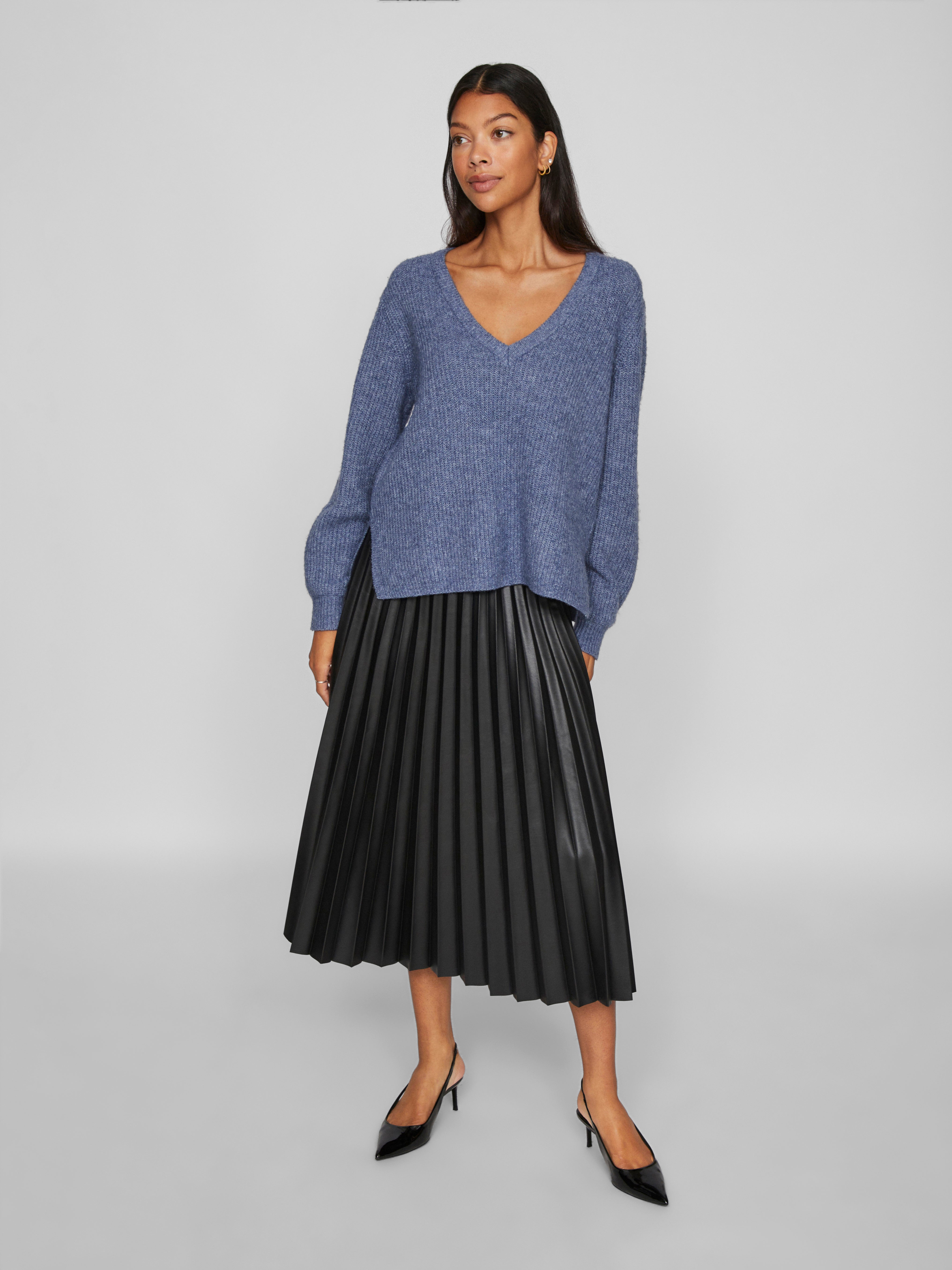 Vila  Vibeluna V-neck Rev L/S striktrøje - Bijou Blue