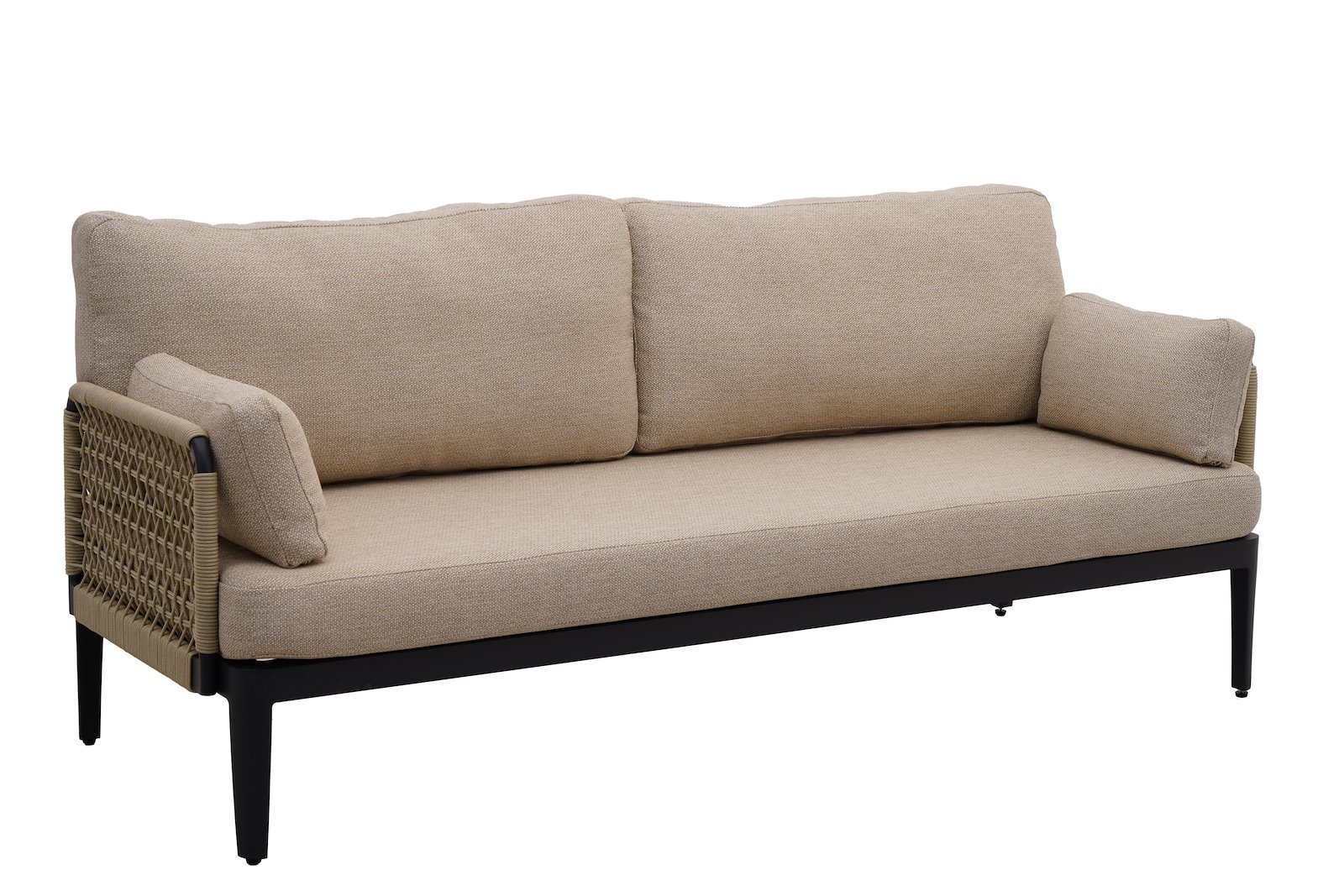 Sailon 3 seter hagesofa Hagesofa, 3-seter med sortlakkert aluminium og sider i naturfarget tau. Beige puter