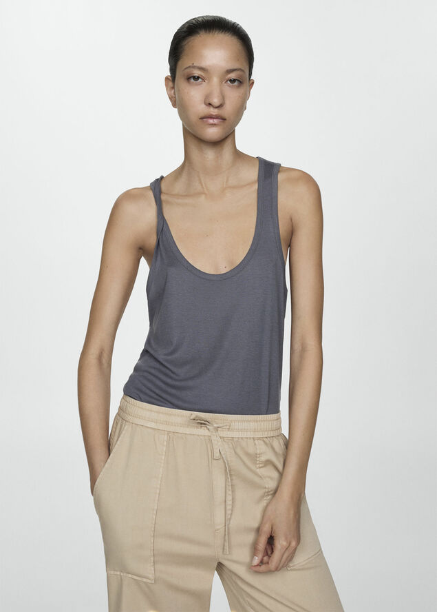 MANGO Elastic waist cotton trousers Lt pastel brown