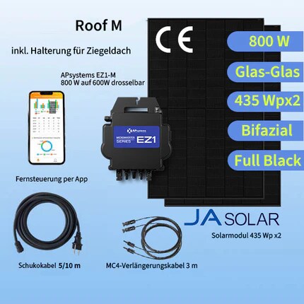 Roof M|Balkonkraftwerk 800W/870Wp|Ziegeldach|EZ1-M&JA Solar 435 Bifazial