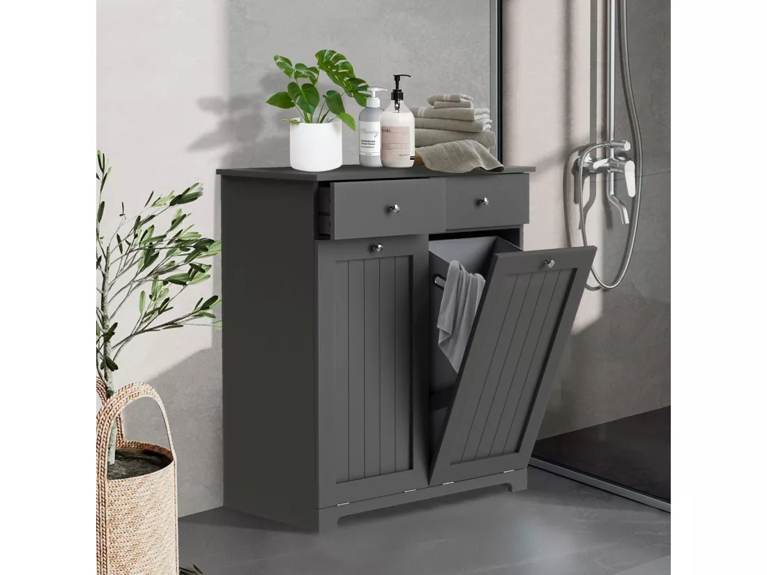 ML-Design Armoire à Linge avec 2 Sacs à Linge Pliables, Gris, 75 x 37 x 90 cm, Collecteur avec 2 Tiroirs, Beaucoup d'Espace de Rangement, Coffre à Linge en MDF, Panier Robuste, Meuble Salle de Bain