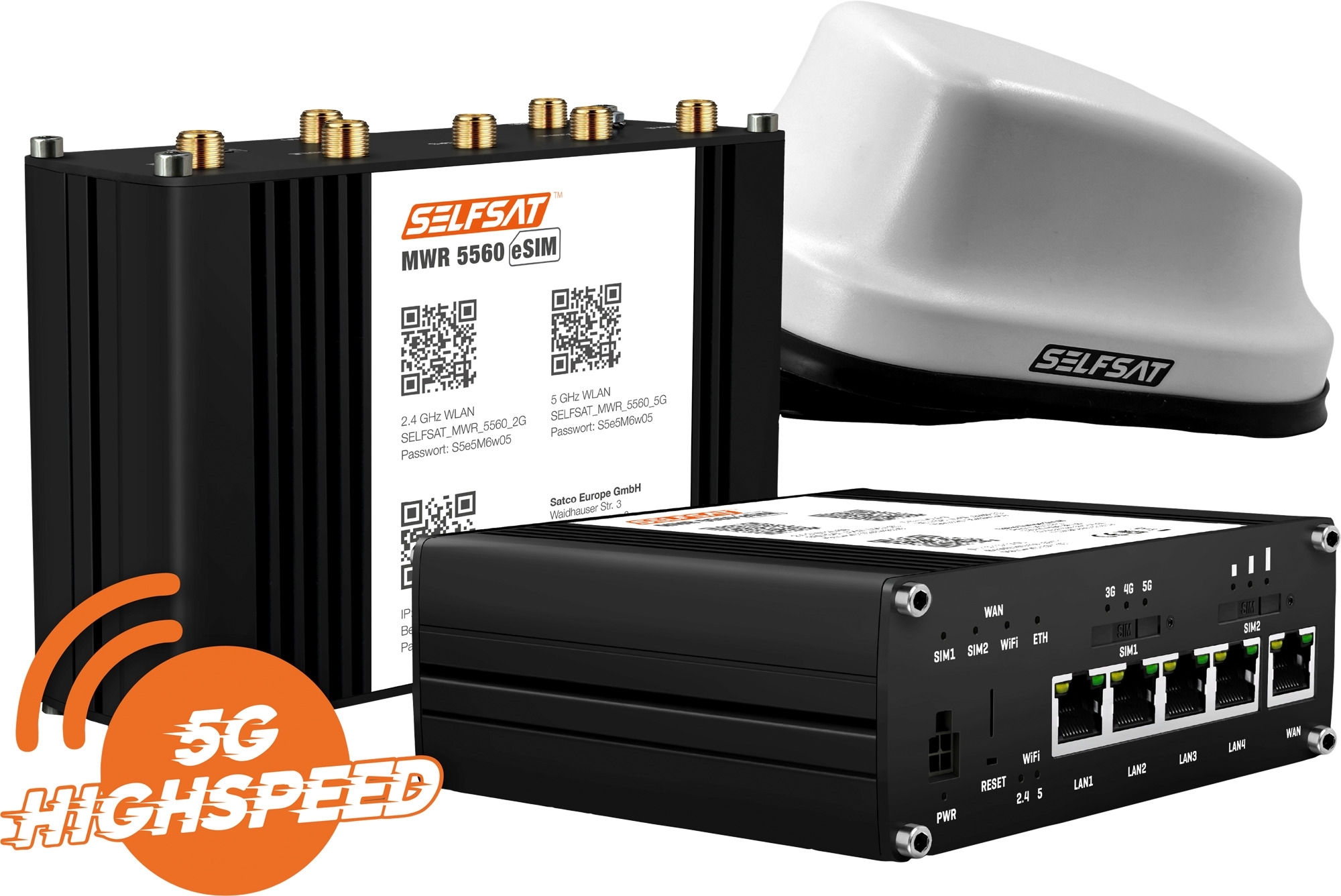 SELFSAT MWR 5560 WLAN Router eSIM 5G Cat 20 bis 3,4 Gbps inklusive SELFSAT 5G Antenne weiß