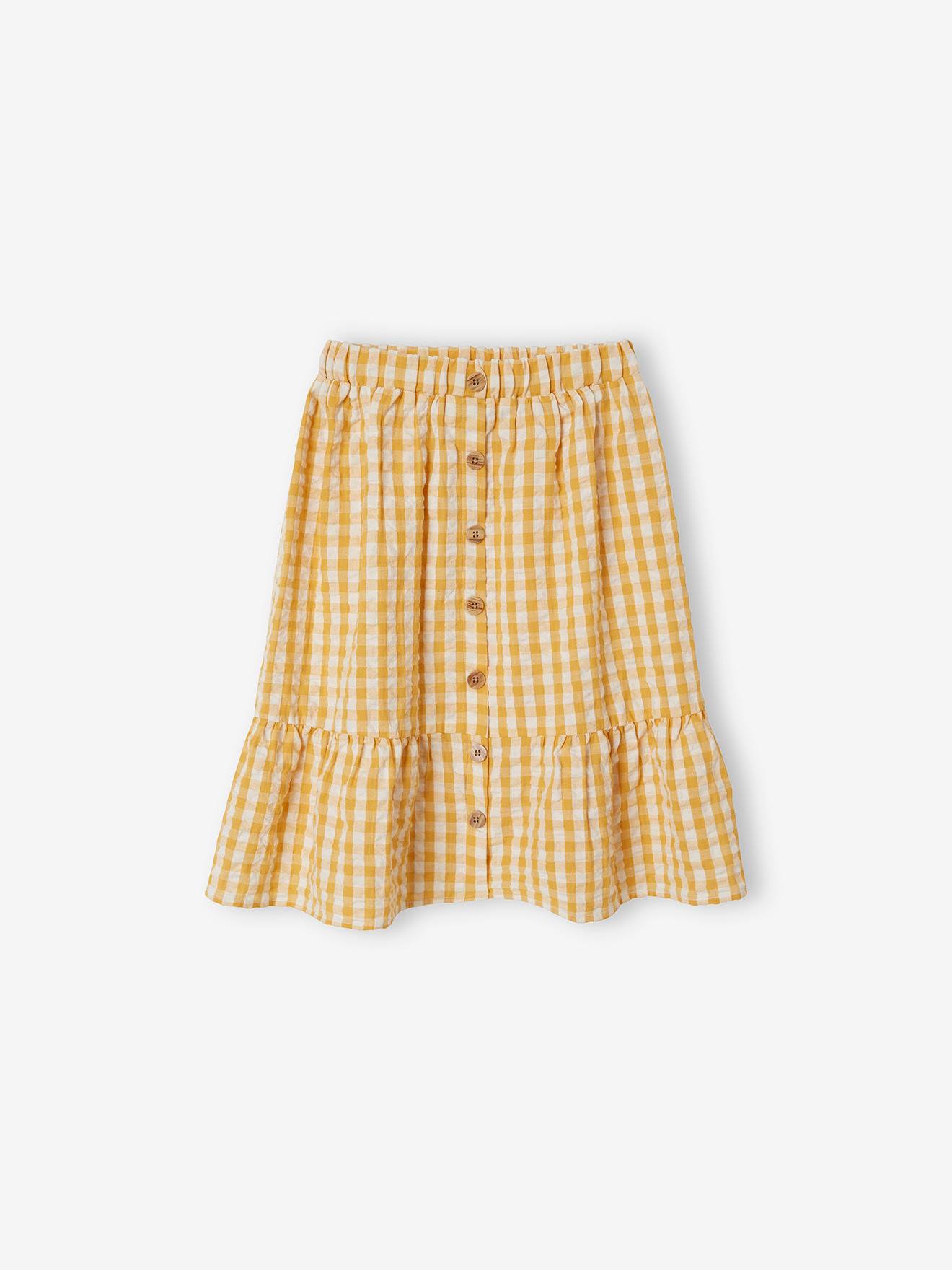 Saia midi xadrez vichy para meninas, xadrez amarelo médio