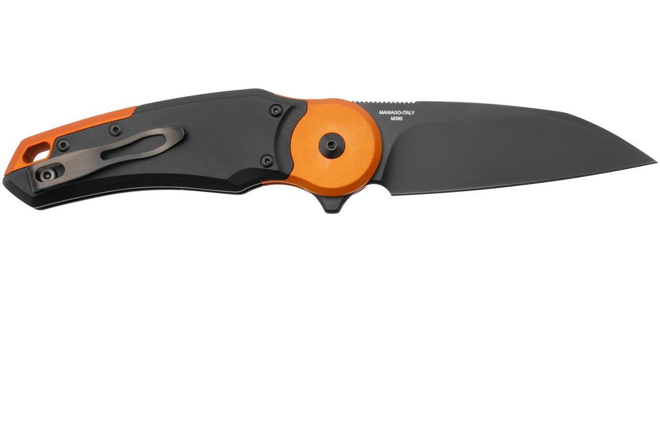 Fox Metamorphosis FX-556-B6, M390 PVD Wharncliffe, Black Aluminium, Orange Aluminium Bolster, zakmes