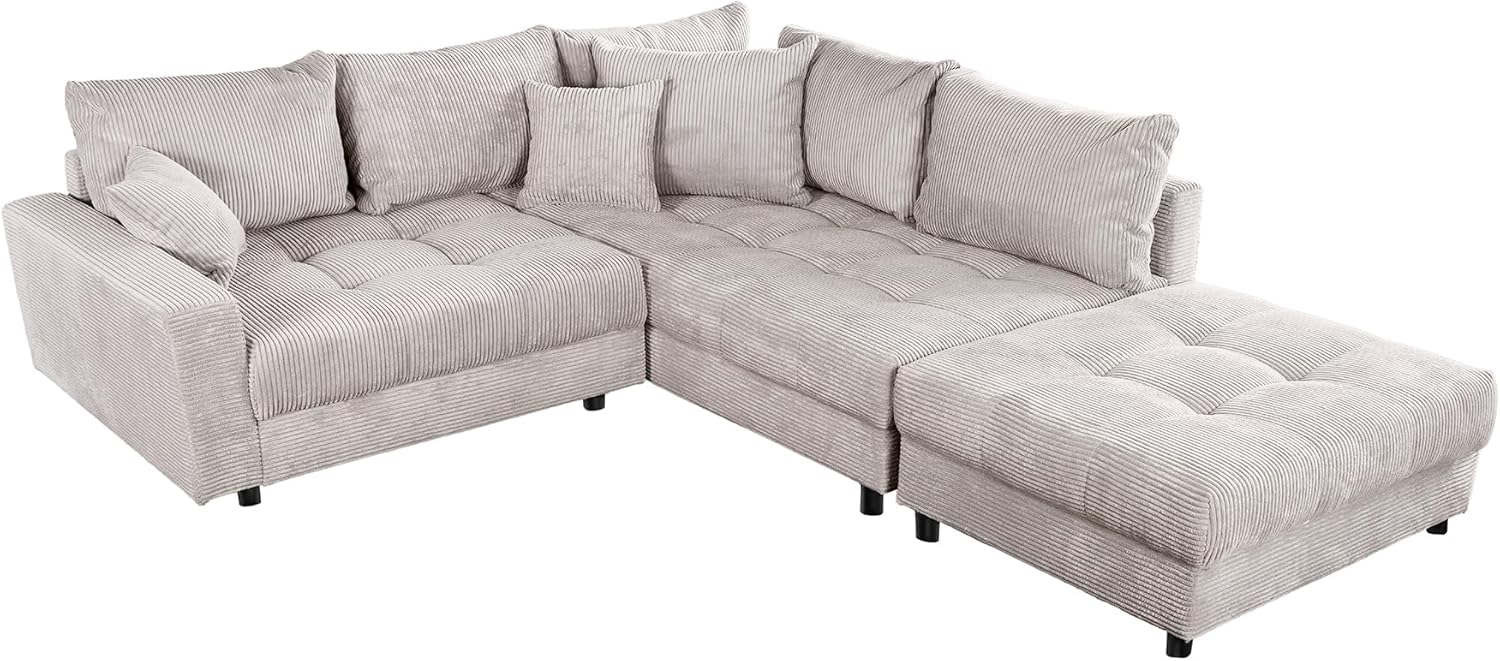 Riess Ambiente Modernes Ecksofa Kent 220cm beige Cord inkl. Hocker Federkern L-Form Wohnlandschaft