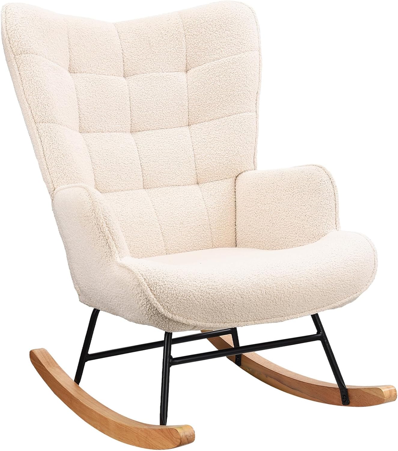 Schaukelstuhl Relaxsessel Stillsessel Schaukelsessel Wohnzimmersessel Schwingsessel mit Metallgestell und Holzsockel, Belastbarkeit Bis 130 Kg, Teddystoff, Beige 75 x 68 x 92 cm