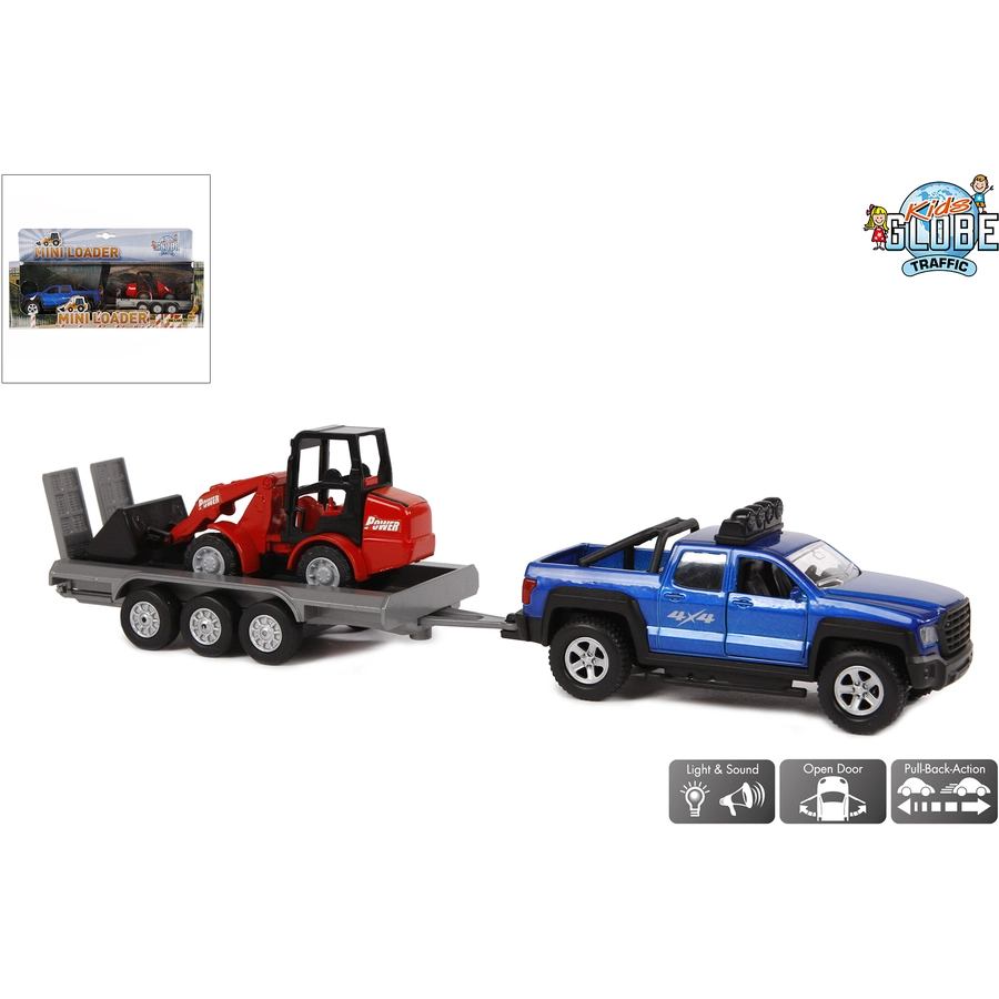 Kids Globe Farming SUV mit Anhänger + Bagger Licht + Sound Rückzugsmotor Blau, Rot Blau