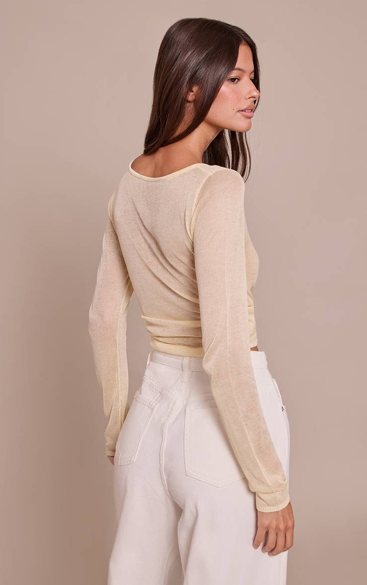 Pale Yellow Haut À Manches Longues En Maille Transparente