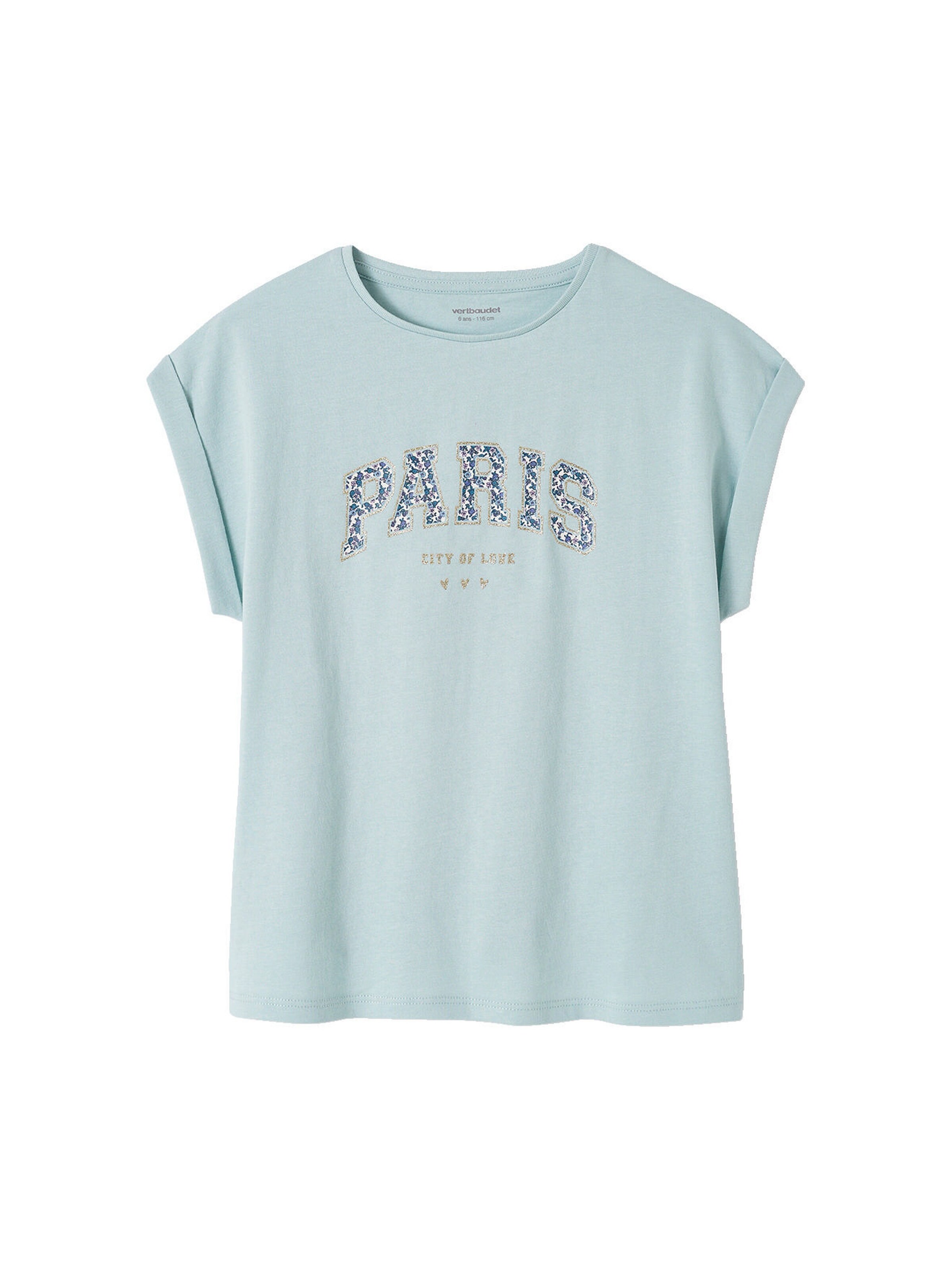 Vertbaudet Mädchen T-Shirt, Blumen-Schriftzug himmelblau