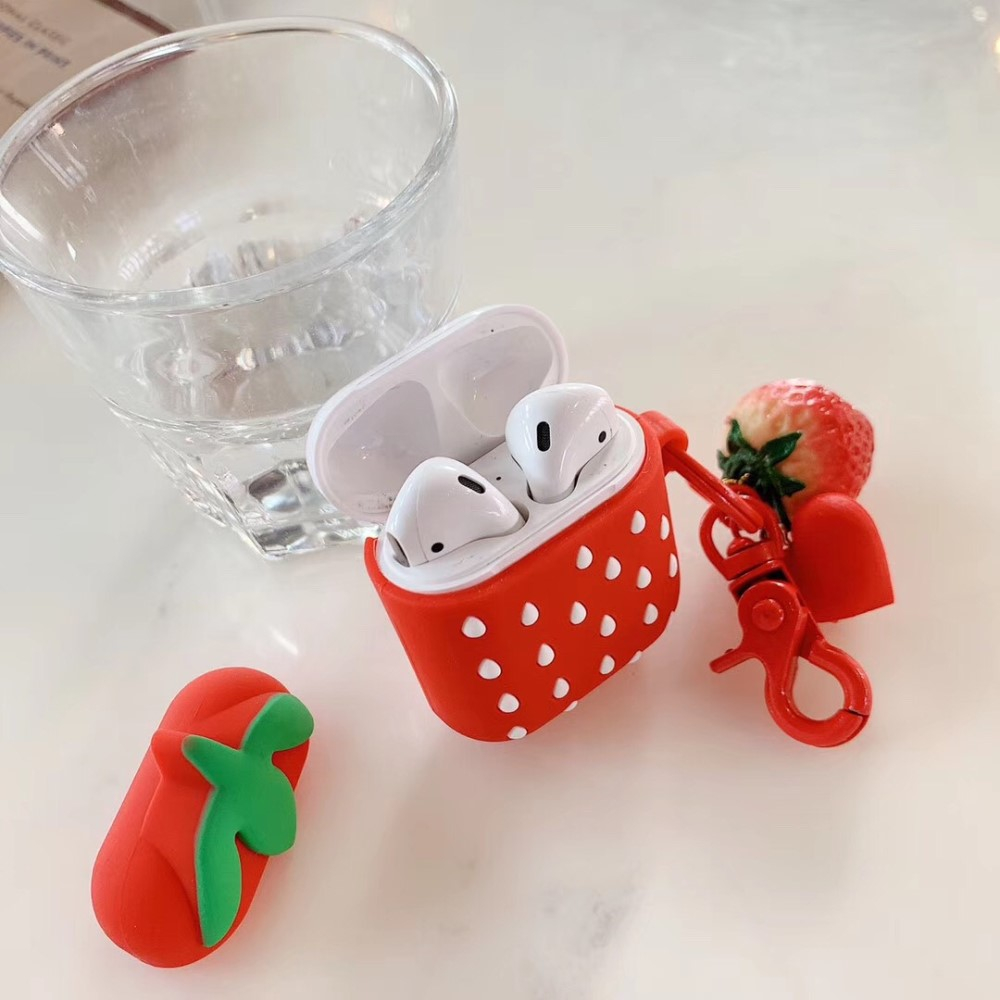 AirPods (1. & 2. Generation) Silikon Case Schutzhülle Abdeckung mit Karabinerhaken - Erdbeere (Rot)