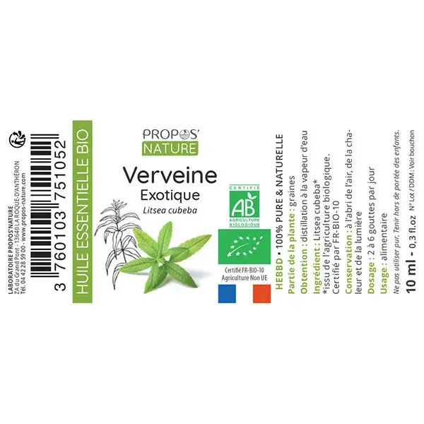 Óleo Essencial de Verbena Exótica Orgânica para Aromaterapia Propos' Nature 10ml