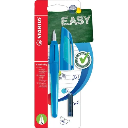 Schulfüller mit Anfänger-Feder A - STABILO EASYbuddy in dunkelblau/hellblau - Schreibfarbe blau (löschbar) - Einzelstift - inklusive Patrone