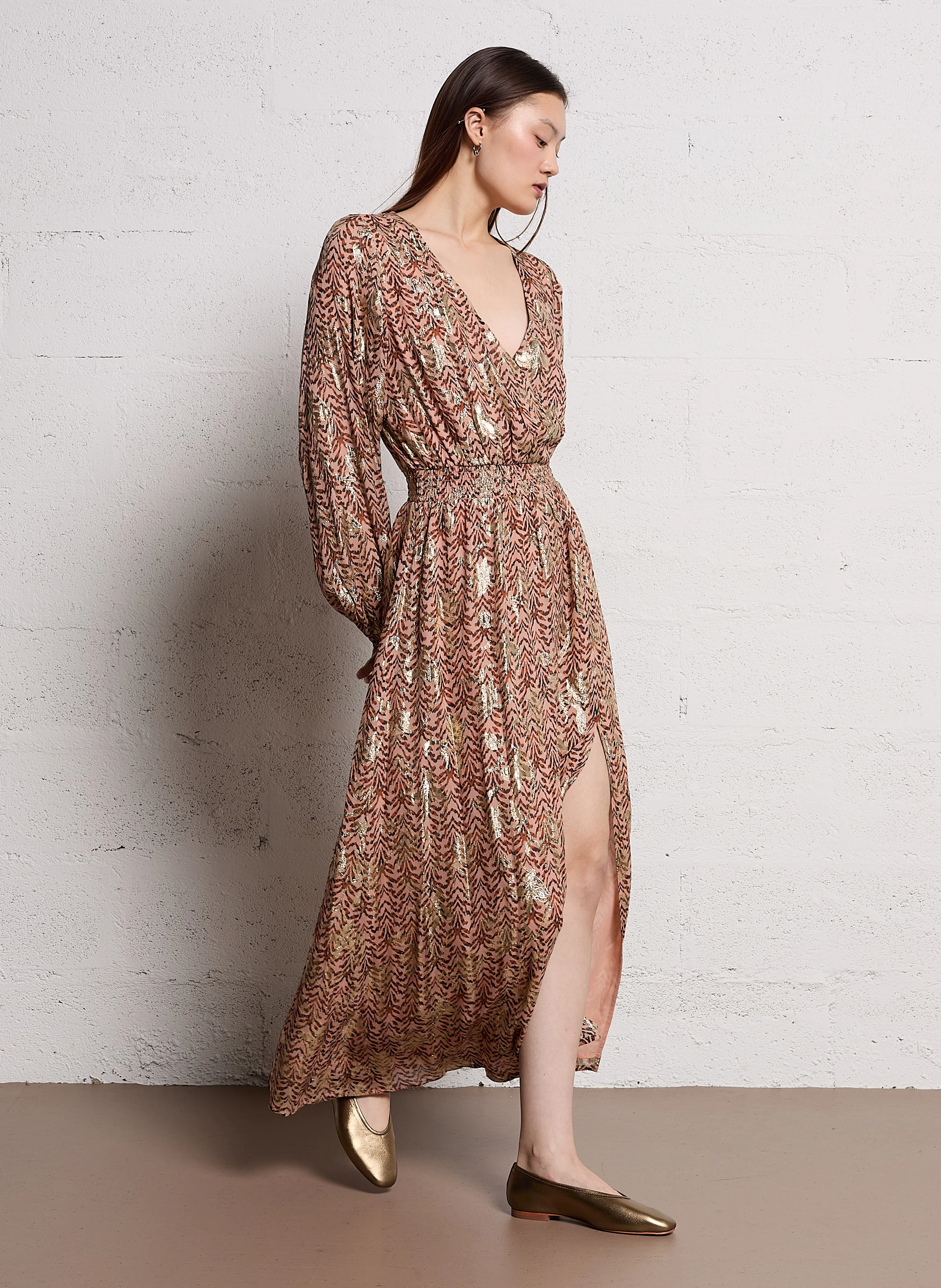 REBECCA - Robe longue col V| Beige