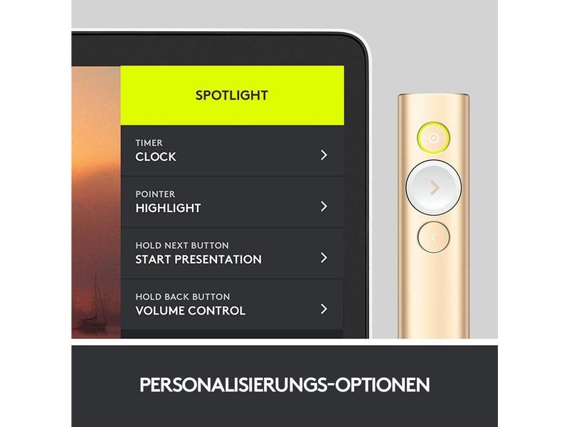 Logitech Presenter Spotlight Gold Innovative Presenterlösung im minimalistischen Design mit digitalem Laserpointer und 30m Reichweite