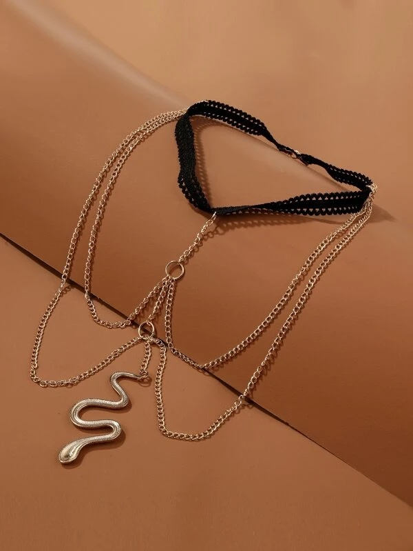 (Ø18-30cm) Elastische Bein Kette Boho Körper Schmuck Oberschenkel Festival Accessoire Schlange - Gold / Schwarz