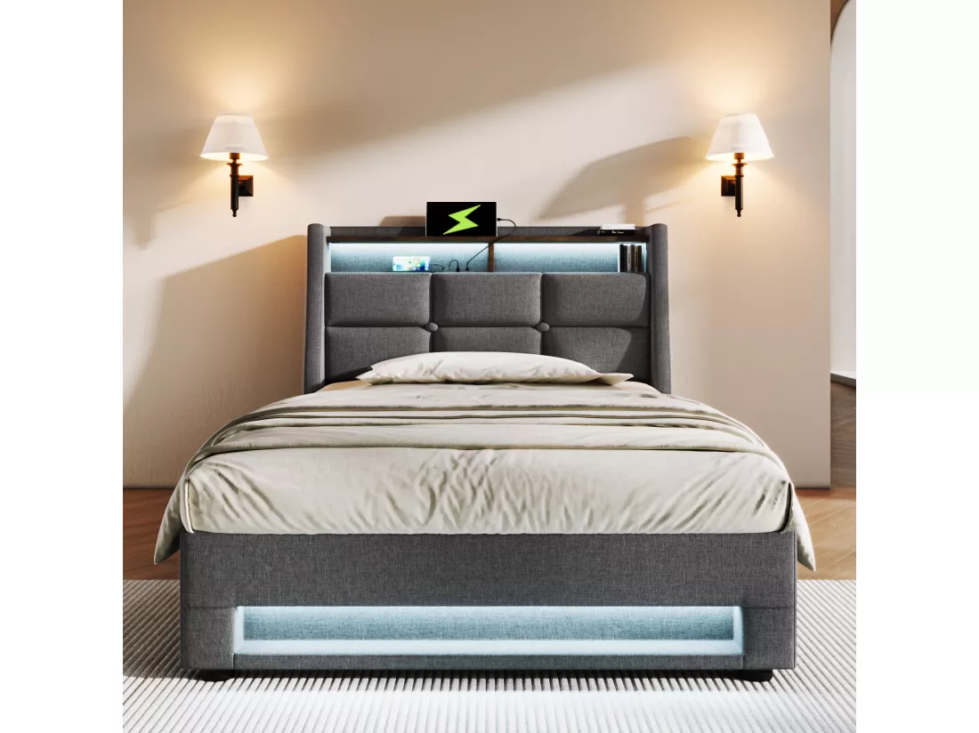 Lit coffre en lin 90x200cm avec LED et ports USB - sommier à lattes - gris