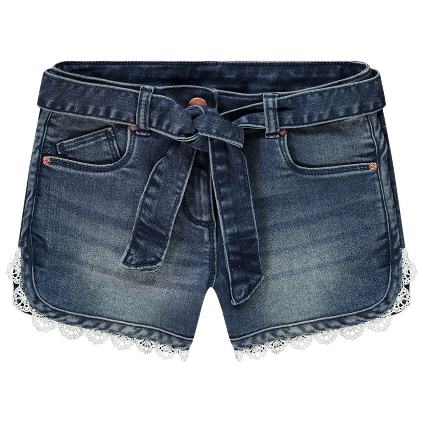Short en jean délavé pour fille finition dentelle - Bleu
