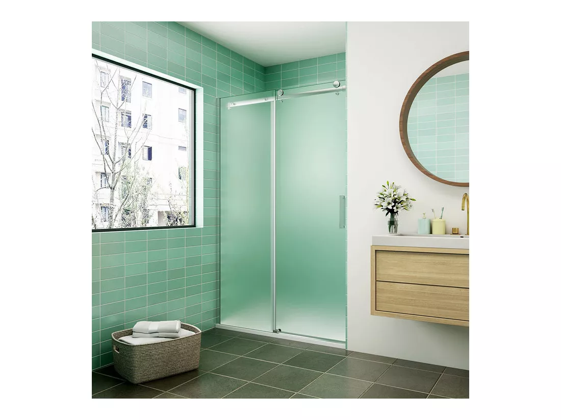 Porte de douche coulissante 140x195cm verre sablé installer à gauche, porte de douche en 8mm verre anticalcaire