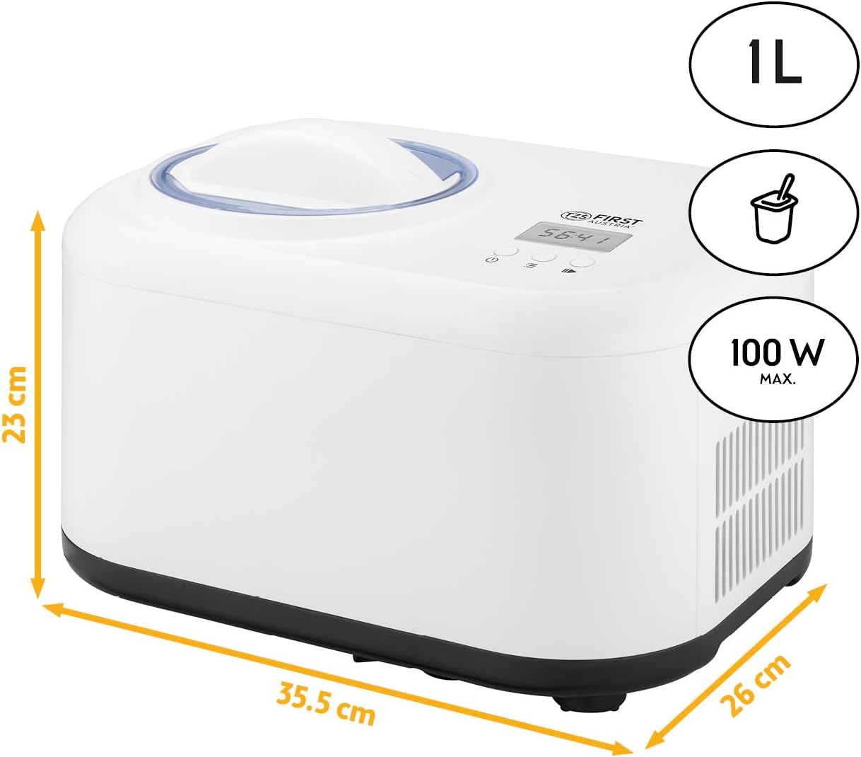 TZS First Austria - Eismaschine 1L mit Kompressor 3 in 1 - Ice Cream Maker 100W selbstkühlend für Frozen Joghurt, Sorbet & Eiscreme - Kleine Speiseeismaschine inkl. Messbecher & Spatel - weiß
