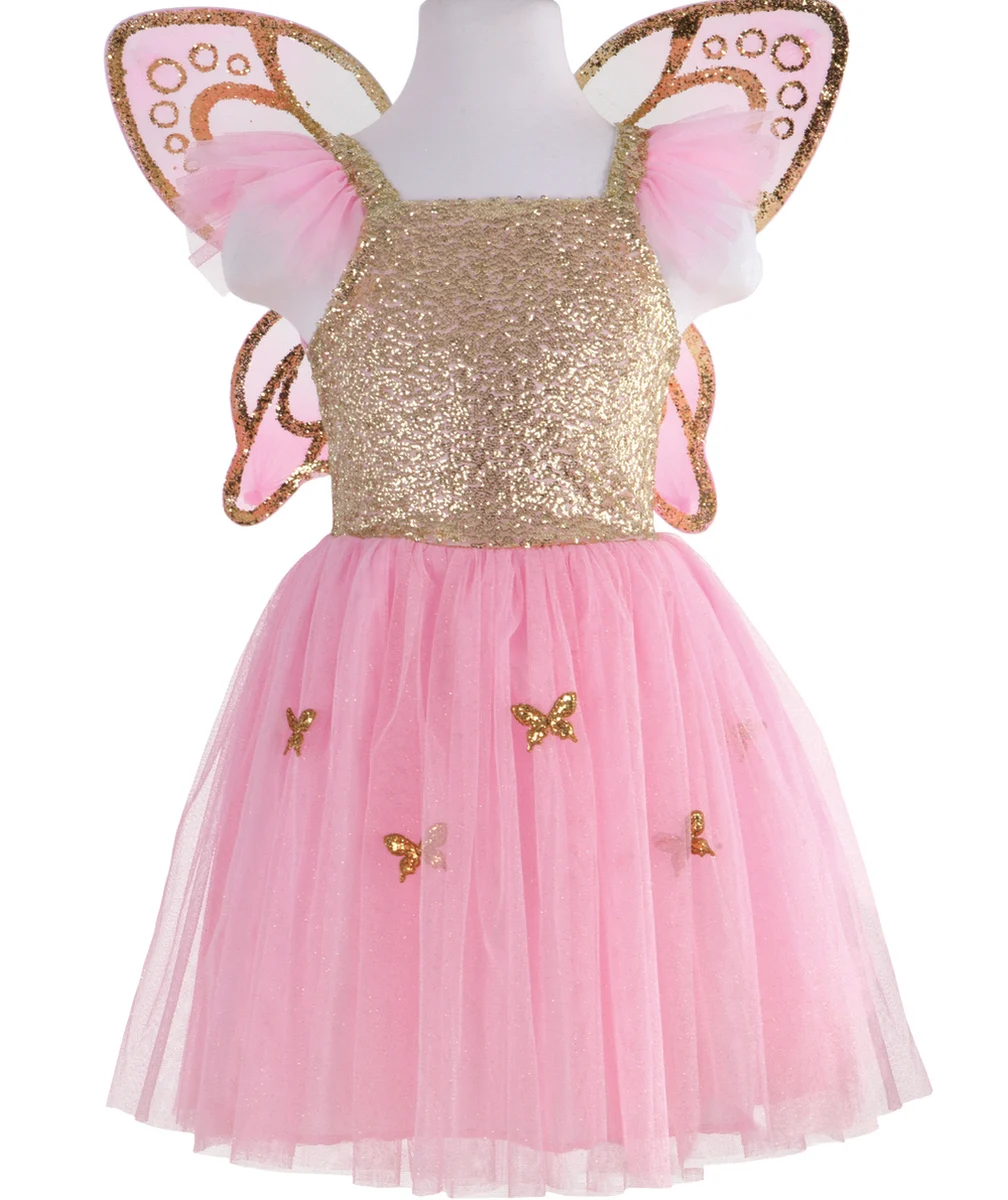 GREAT PRETENDERSDÉGUISEMENT ROBE FILLE AVEC AILES PAPILLON ROSE ET COULEUR DORÉE