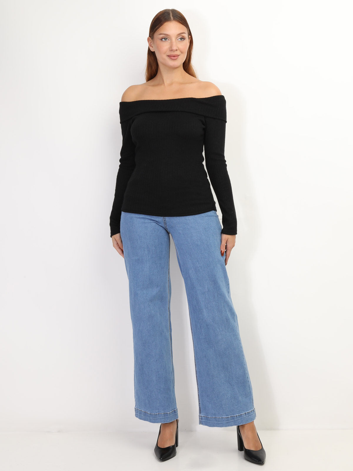 Pull bardot en maille côtelée- Noir