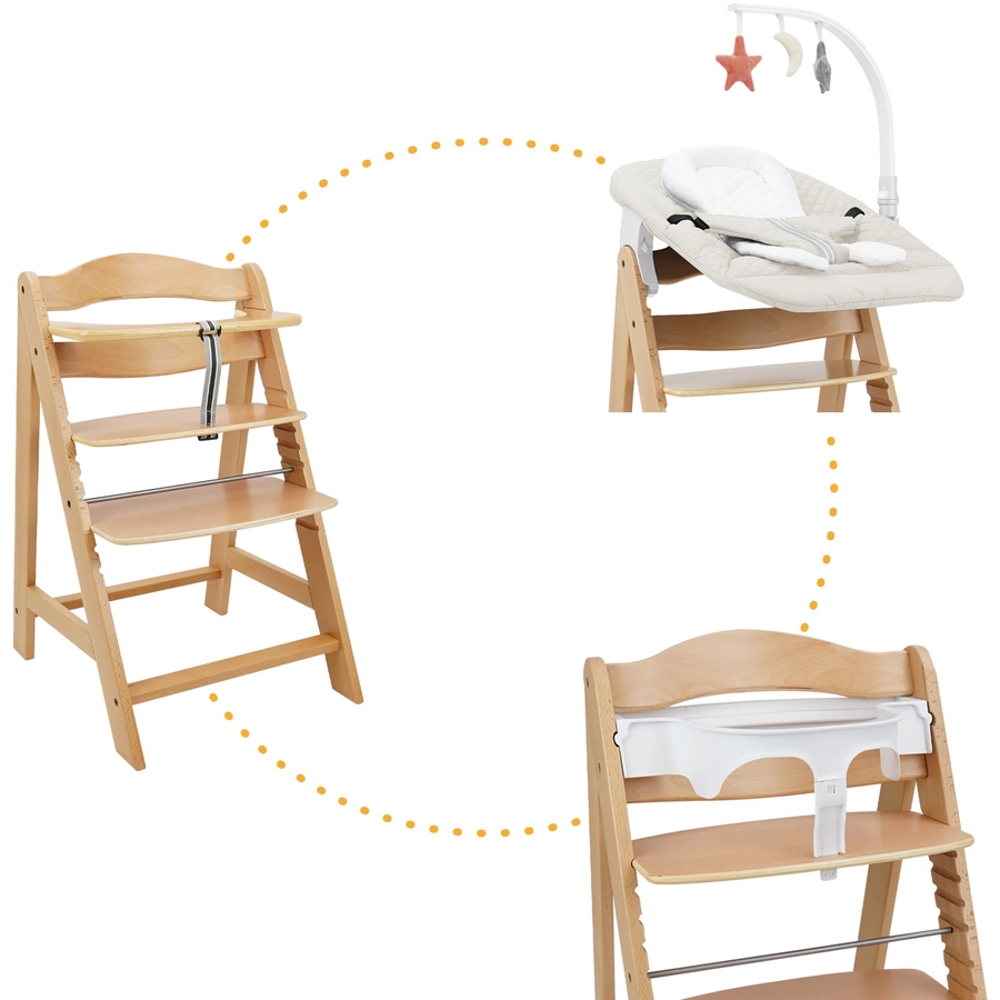 509 Crew SKY Hochstuhl natur inkl. Bouncer stone white und 2-in-1 Essbrett weiß