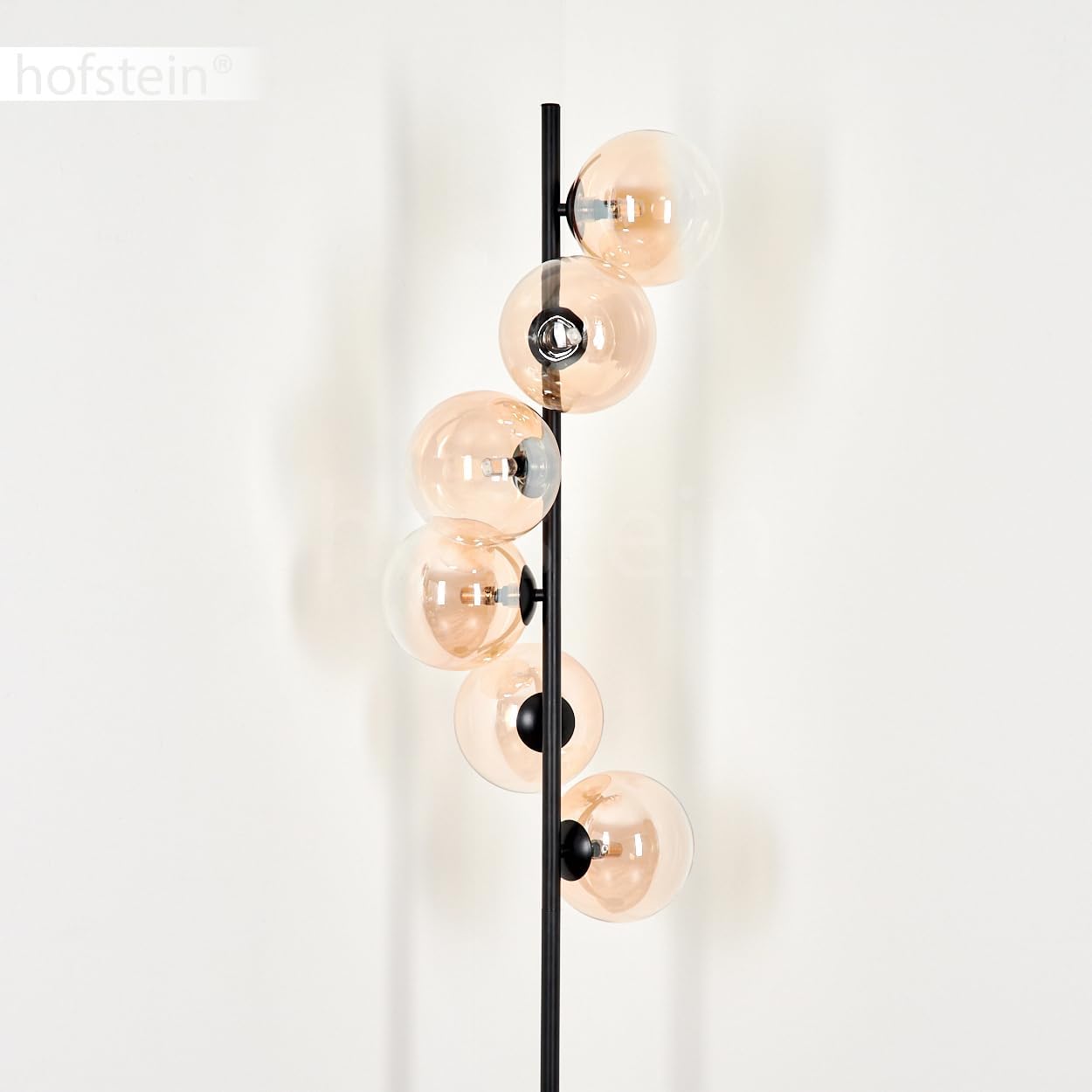 Stehleuchte Remaisnil, Stehlampe aus Metall/Glas in Schwarz/Bernsteinfarben, Leuchte im modernen Retro/Vintage-Design m. Schirmen aus Glas (Ø 15cm) u. Fußschalter, Höhe 160cm, 6x G9, ohne Leuchtmittel