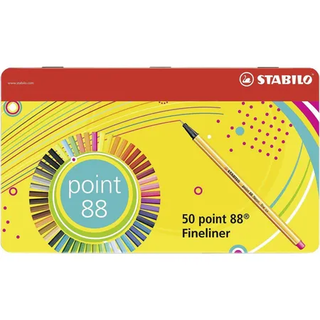 Fineliner - STABILO point 88 - 50er Metalletui - mit 47 verschiedenen Farben - 2x blau, rot, schwarz