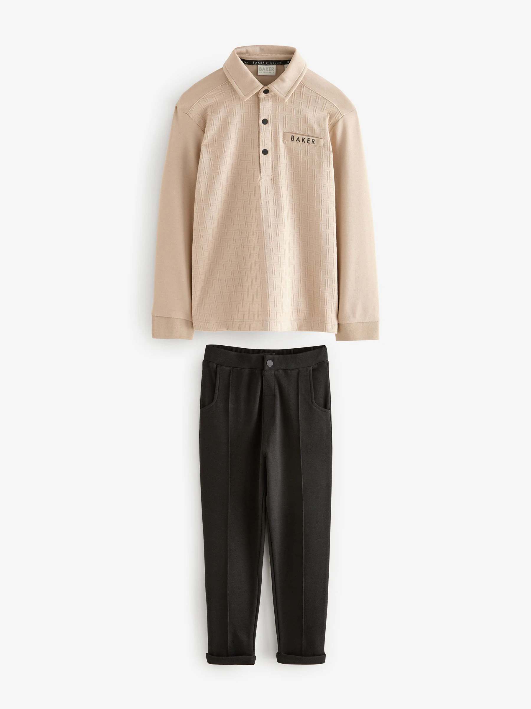 Pastelgeel - Baker by Ted Baker set van 100% katoenen poloshirt en broek met textuur