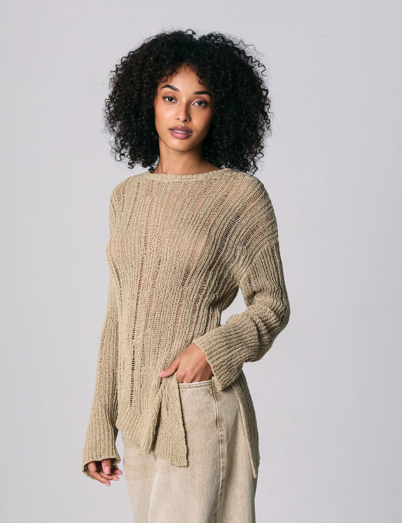 Pull ajouré beige kaki