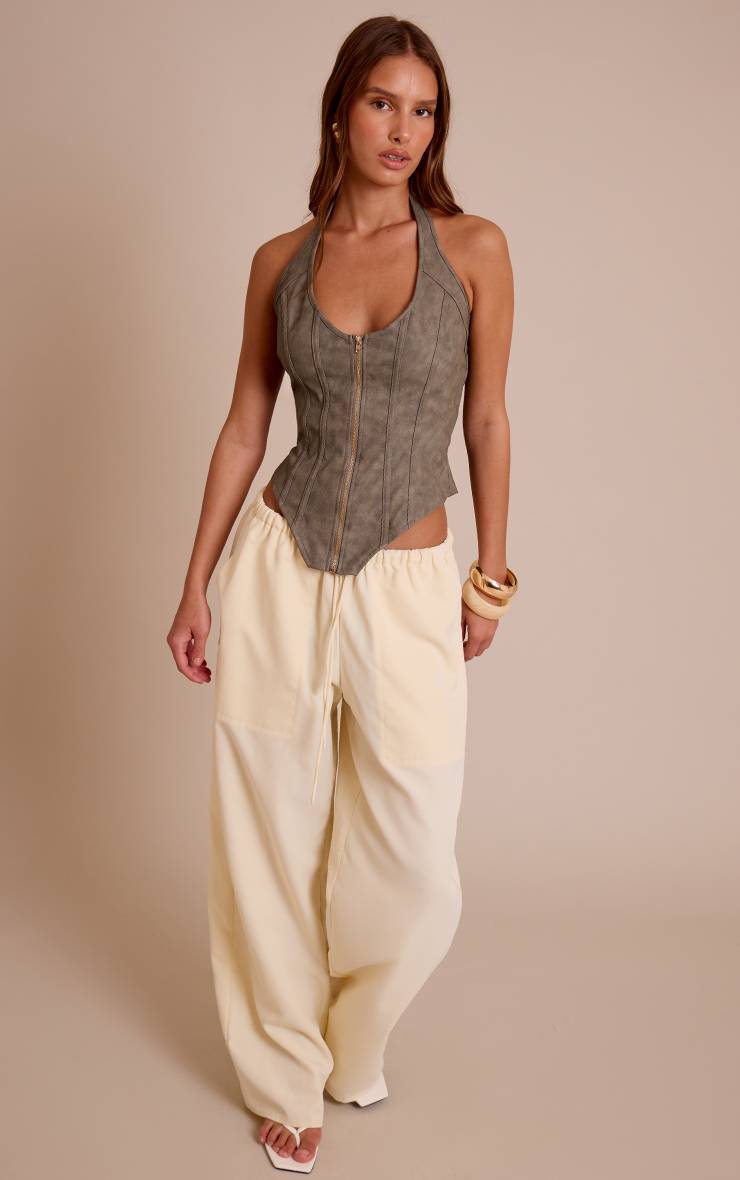 Vert Olive Corset À Baleines En Synthétiquecuir Texturé Avec Ourlet Plongeant
