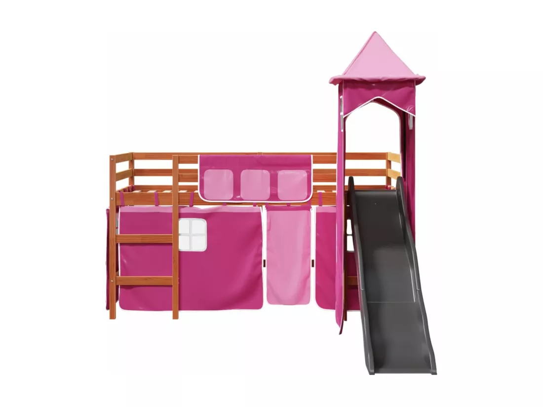 Lit mezzanine enfants avec tour rose 90x200 cm bois pin massif