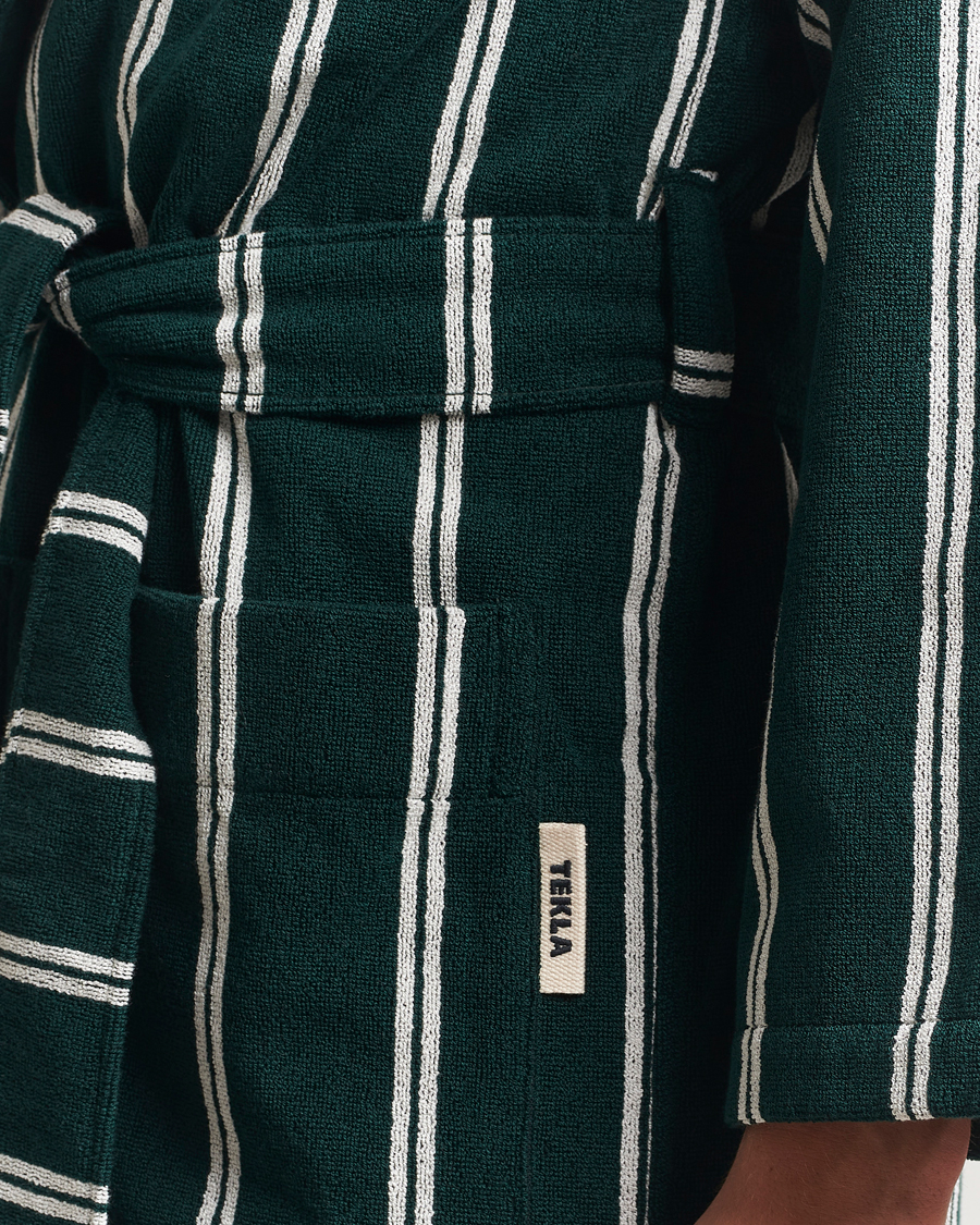 Tekla Organic Terry Hooded Bathrobe Forest Green Stripes