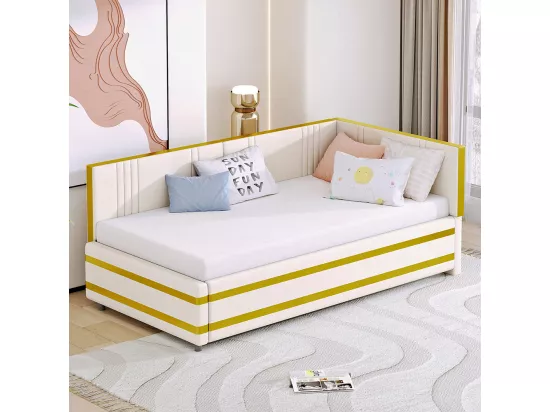 Sofabed 90*200, lit multifonctionnel avec sommier à lattes, tissu velours doux pour la peau, beige