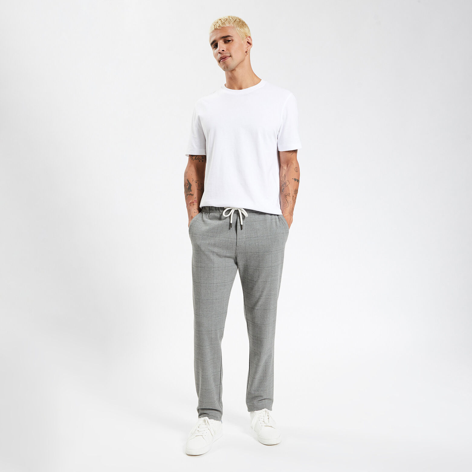 Pantalon chino slim ceinture élastiquée à carreaux Gris clair