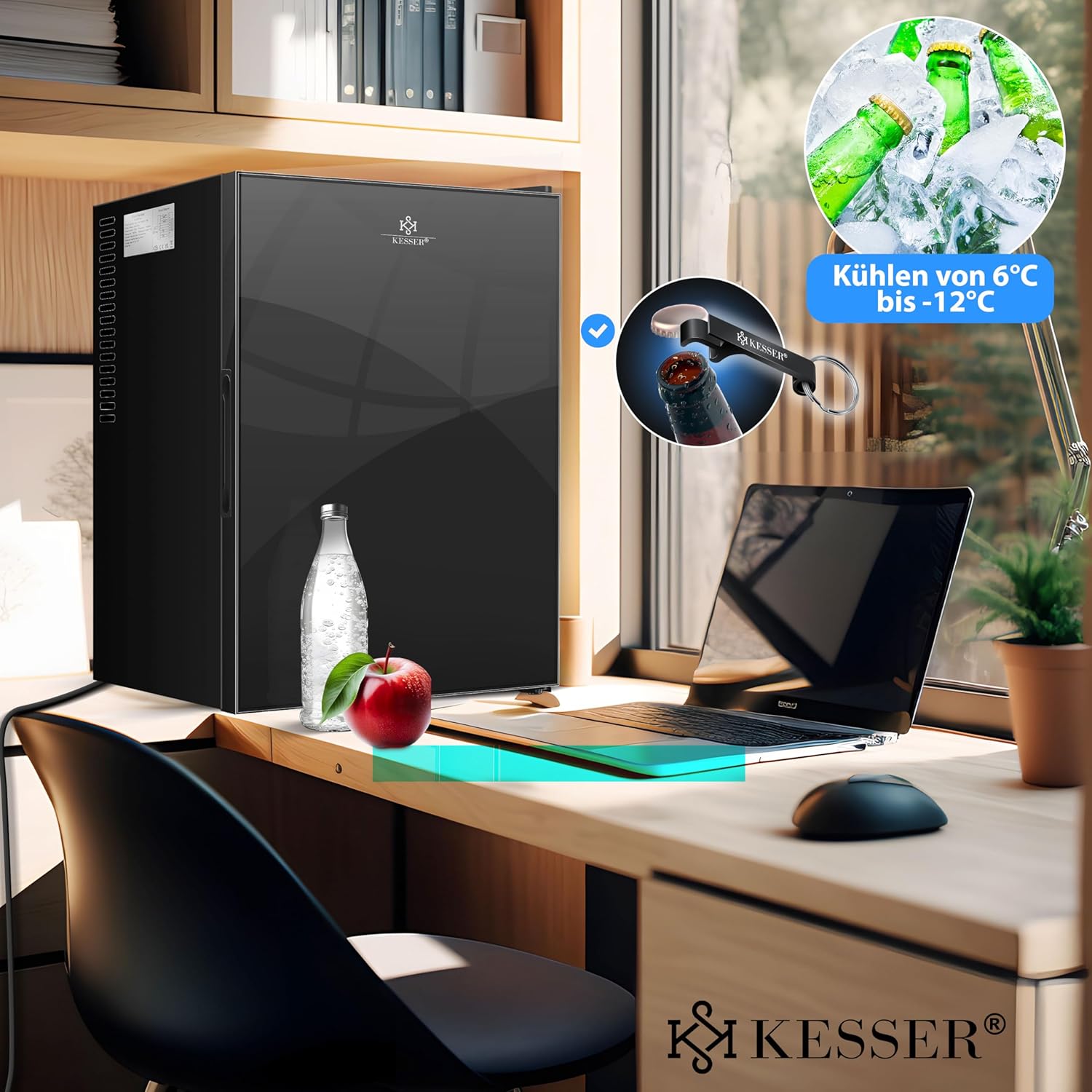 KESSER® Mini réfrigérateur avec Serrure, Mini Bar de 40 l, Silencieux, 22 DB, verrouillable, Chambre à Coucher, butée de Porte Amovible, env. 4 à 16 °C, Hauteur 57 cm, éclairage intérieur