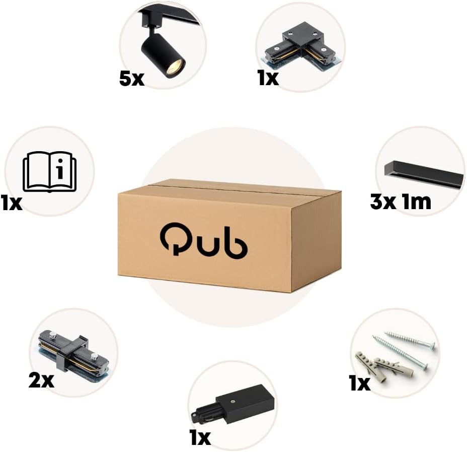 Qub Focus III 1-Phasen Led Schienensystem - 300cm - 5x GU10 Spots - 3x 1m Schienen - L-Form - Deckenstrahler Schwarz - Erweiterbar & flexibel - LED-kompatibel - Modernes Design Spot lampe