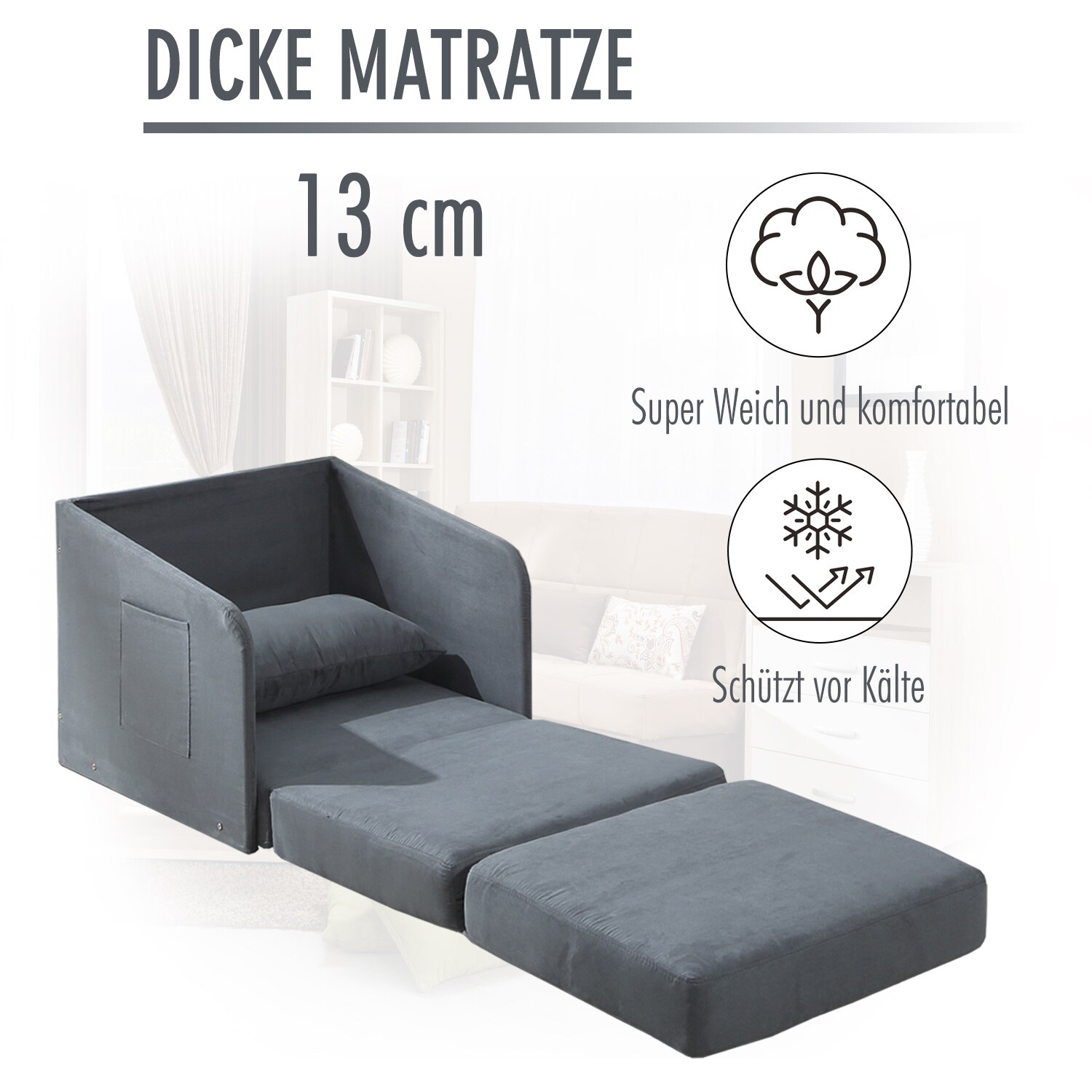 HOMCOM Klappbarer Schlafsessel mit 2 Seitentaschen grau 70 x 74 x 78 cm (BxTxH)