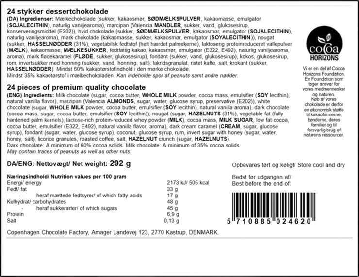 Magasin Chokolade Æske, 24 stk. Dessertchokolade. Grøn & no color