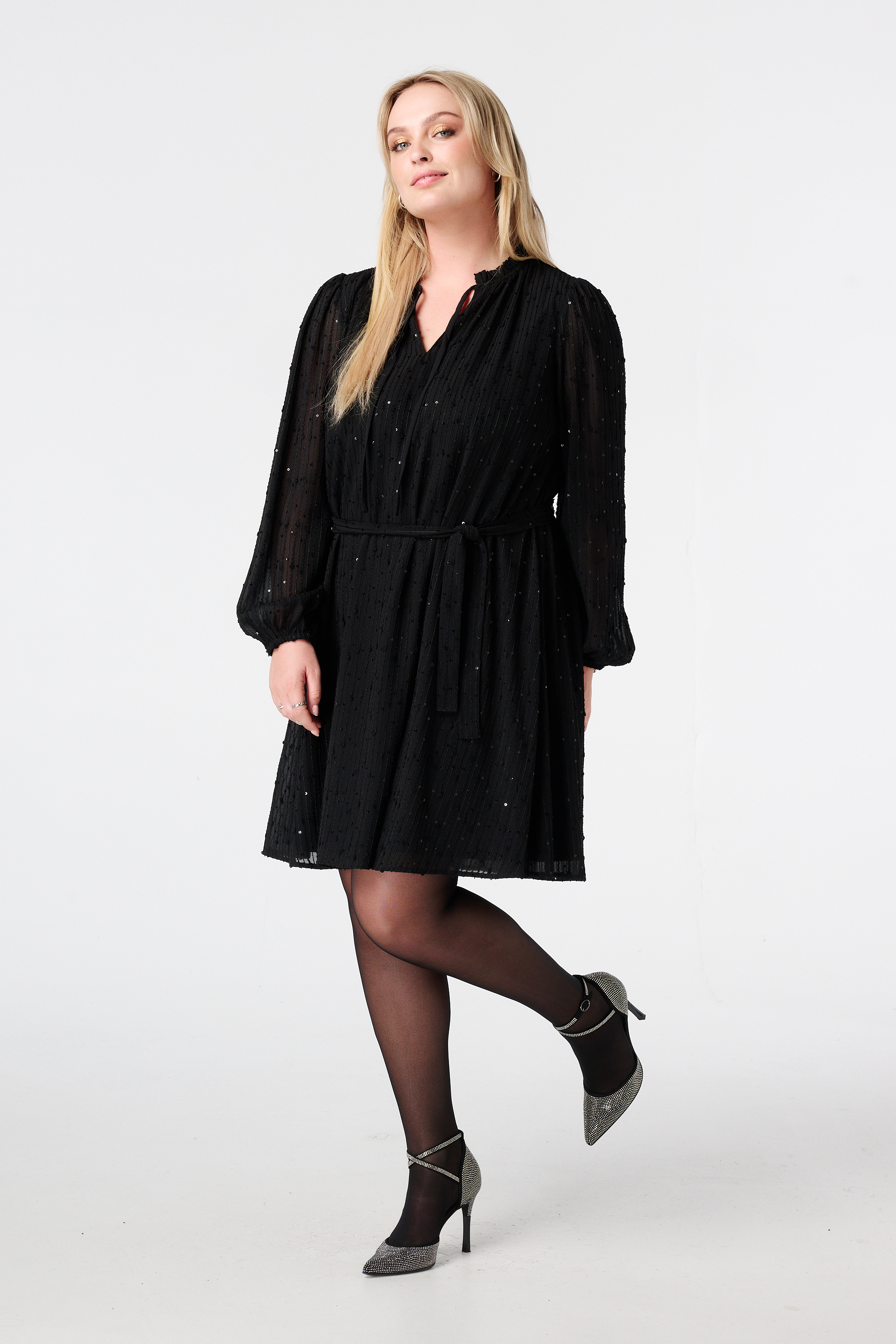 Jurk met glitter pailletten en ceintuur Zwart